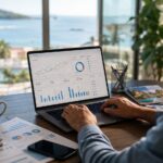 Profesional del sector turismo y alojamiento analizando campañas de publicidad digital y métricas de marketing frente a un entorno vacacional.