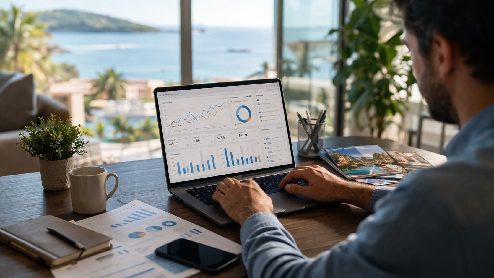 Profesional del sector turismo y alojamiento analizando campañas de publicidad digital y métricas de marketing frente a un entorno vacacional.
