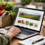 Profesional del sector agroalimentario revisando una tienda online en un entorno de trabajo con producto alimentario y enfoque de marketing digital