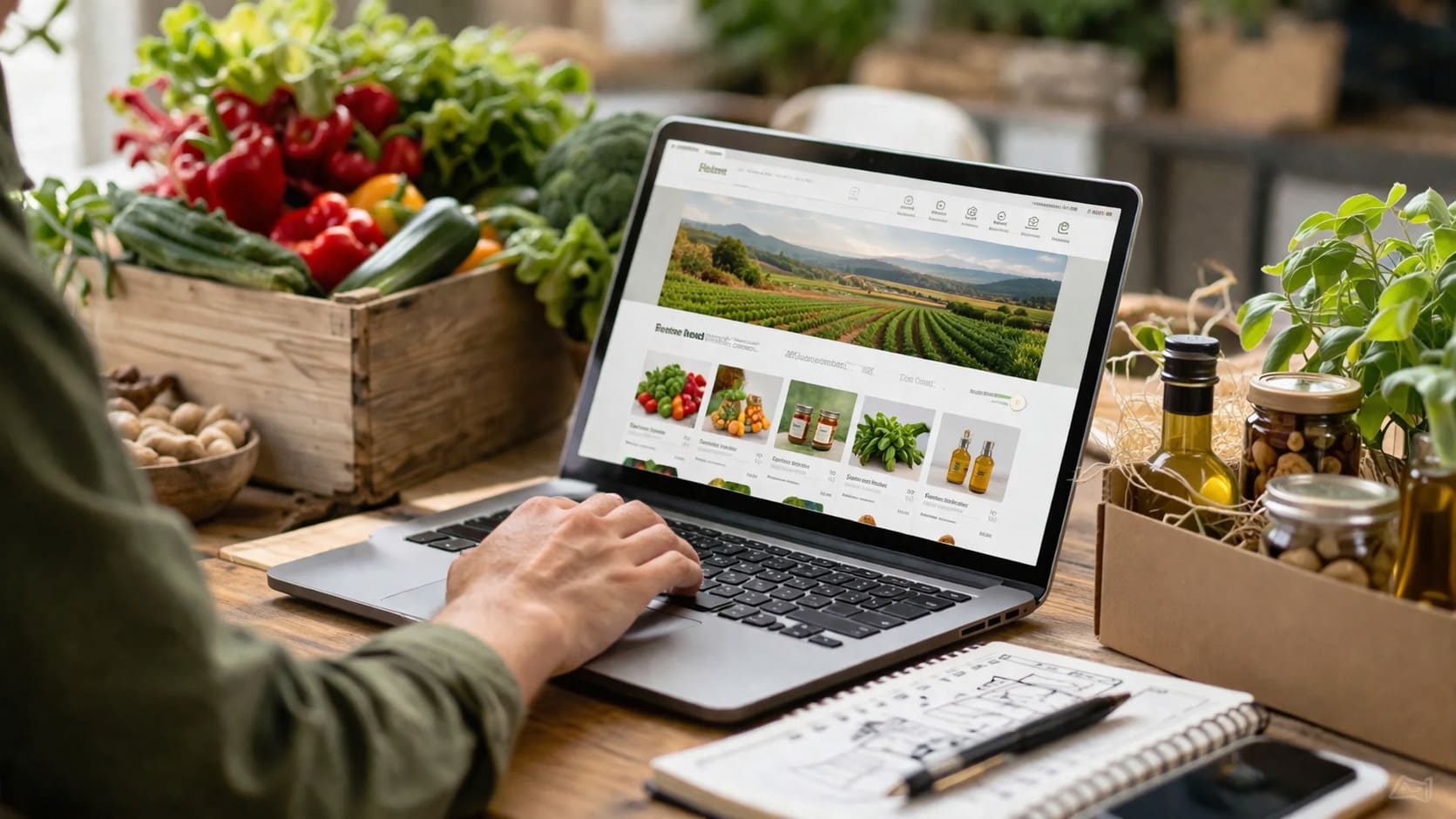 Profesional del sector agroalimentario revisando una tienda online en un entorno de trabajo con producto alimentario y enfoque de marketing digital