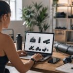 Profesional del sector bienestar, fitness y deporte gestionando una tienda online en un entorno de trabajo digital con enfoque de marca y estrategia ecommerce