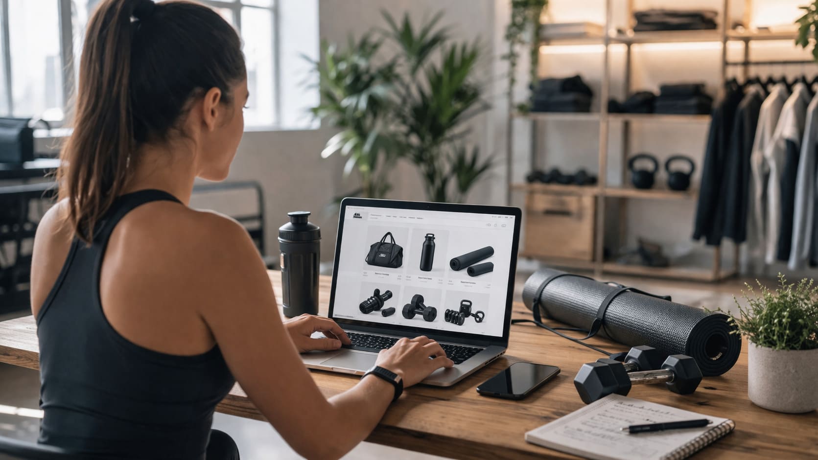 Profesional del sector bienestar, fitness y deporte gestionando una tienda online en un entorno de trabajo digital con enfoque de marca y estrategia ecommerce