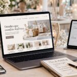 Espacio de trabajo con portátil, móvil y panel de analítica mostrando una tienda online del sector Bodas y Eventos con enfoque de marketing digital.