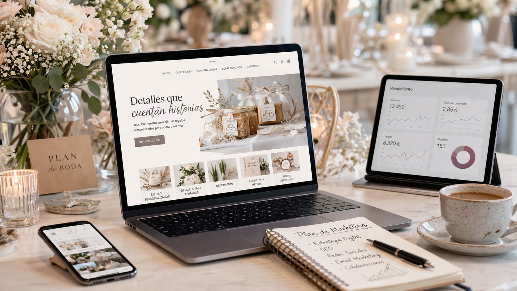 Espacio de trabajo con portátil, móvil y panel de analítica mostrando una tienda online del sector Bodas y Eventos con enfoque de marketing digital.