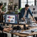 Equipo profesional del sector comunicación y producción creativa trabajando en una tienda online y estrategia de marketing digital en una oficina moderna
