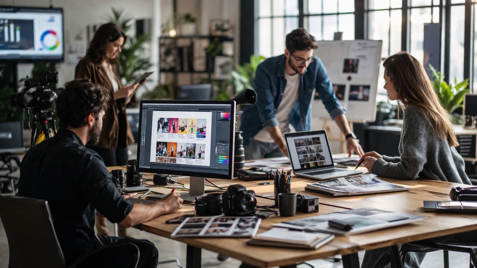 Equipo profesional del sector comunicación y producción creativa trabajando en una tienda online y estrategia de marketing digital en una oficina moderna
