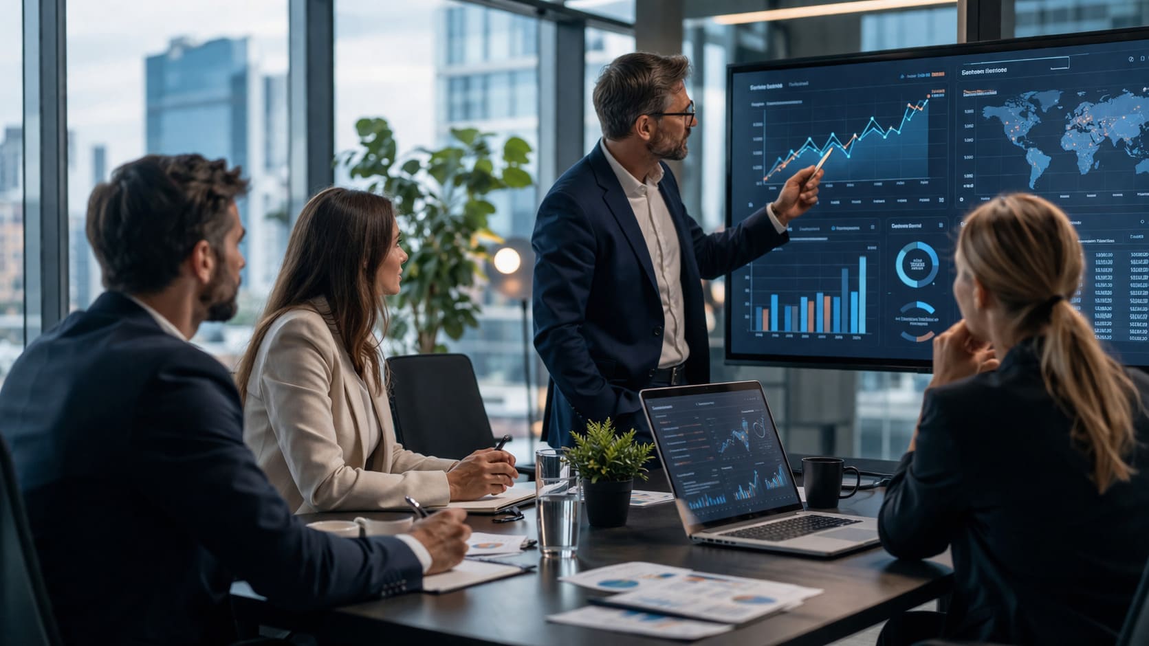 Equipo de consultoría y servicios empresariales analizando estrategia digital y tienda online en una reunión de trabajo