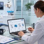 Profesional del sector dental gestionando una tienda online en un entorno clínico moderno, con apoyo de herramientas digitales y enfoque de marketing digital.