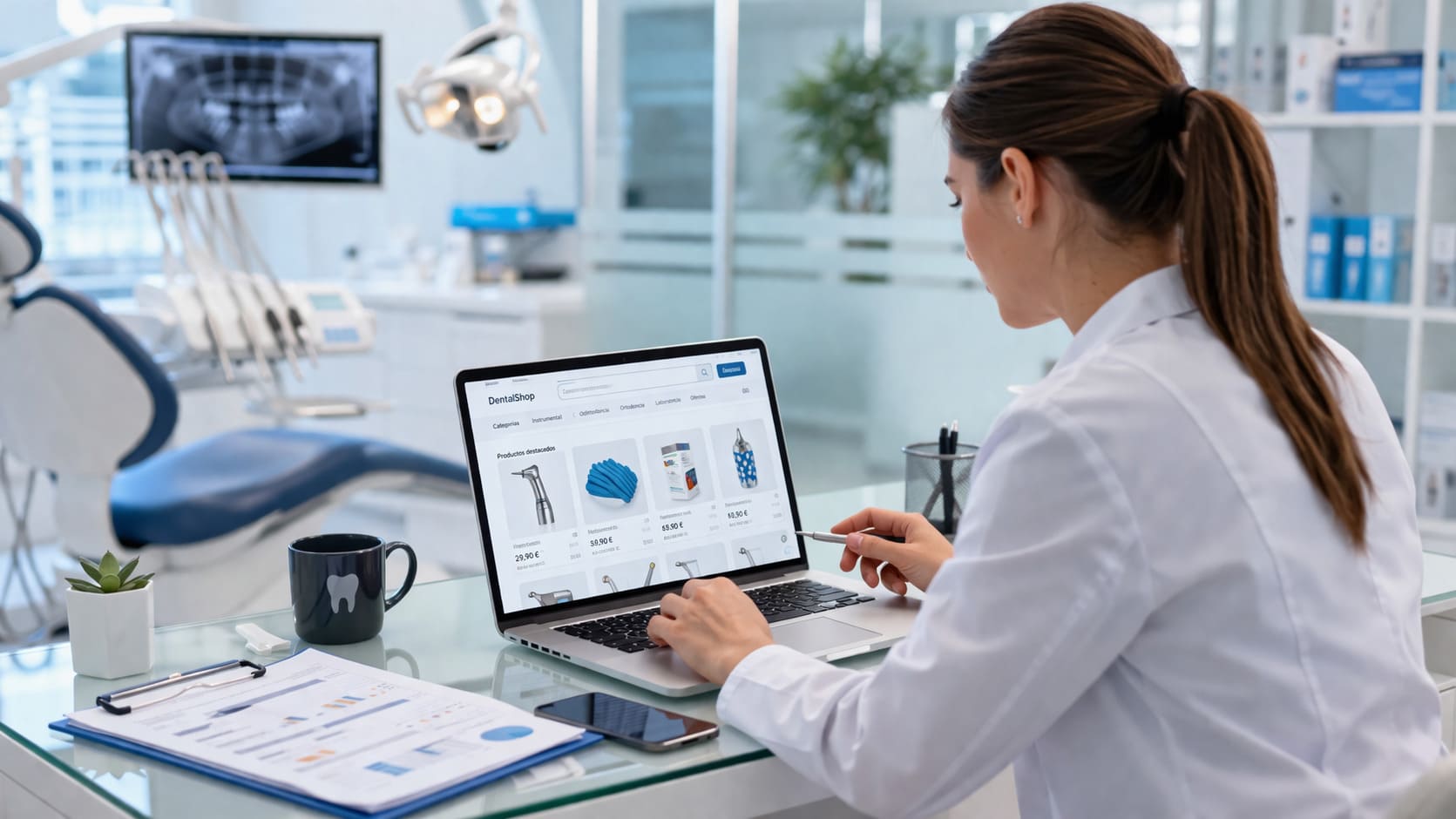 Profesional del sector dental gestionando una tienda online en un entorno clínico moderno, con apoyo de herramientas digitales y enfoque de marketing digital.