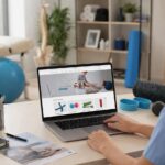 Profesional del sector de fisioterapia y rehabilitación gestionando una tienda online desde un entorno clínico moderno con enfoque en marketing digital