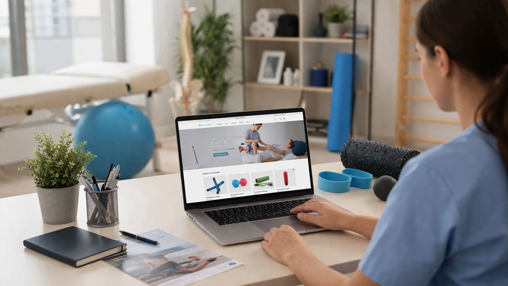 Profesional del sector de fisioterapia y rehabilitación gestionando una tienda online desde un entorno clínico moderno con enfoque en marketing digital