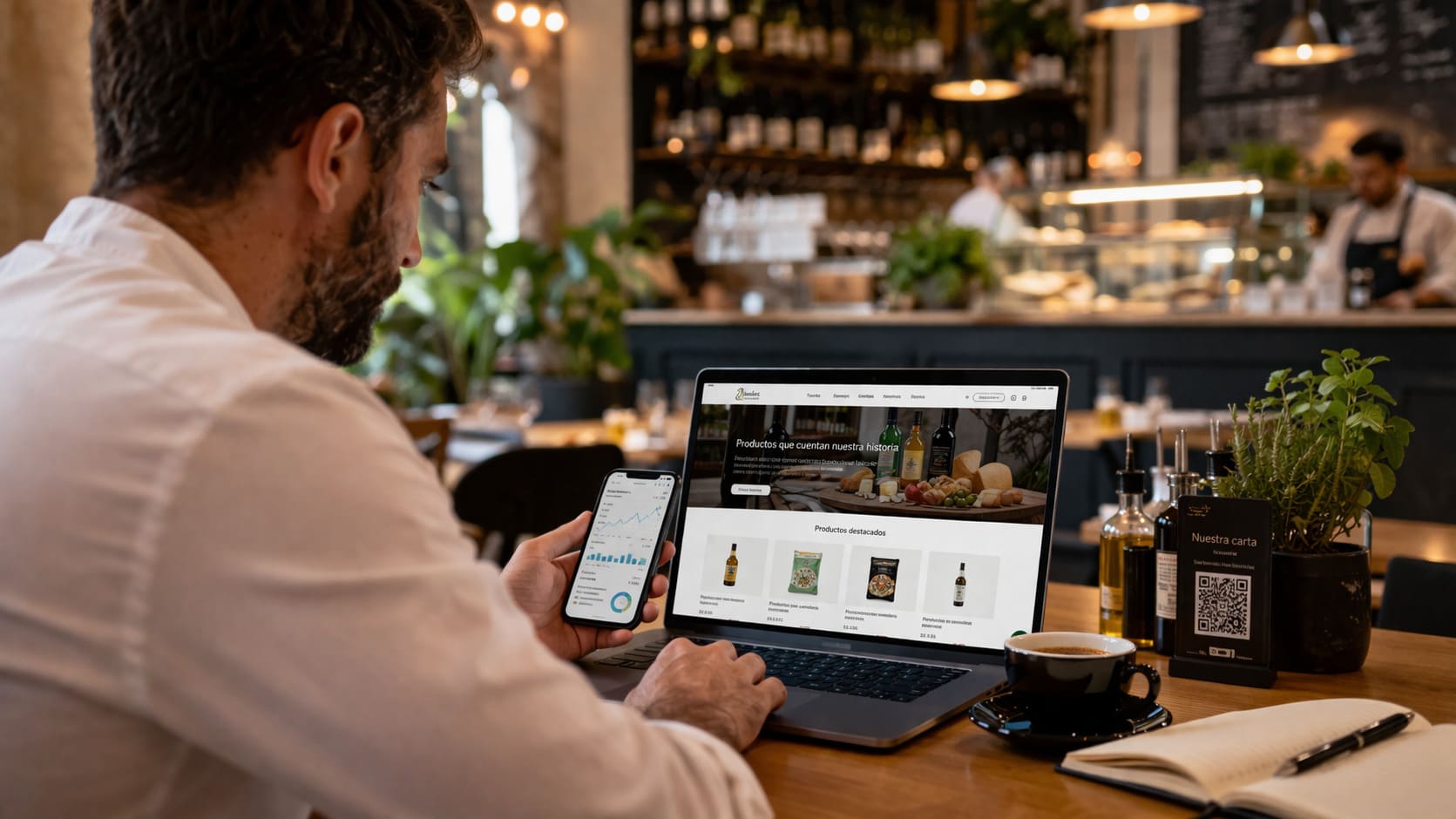 Profesional del sector de hostelería y restauración gestionando la tienda online y la estrategia digital de un negocio gastronómico en un entorno de restauración.