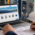 Profesional del sector de instalaciones técnicas y energía trabajando en una tienda online desde un entorno técnico, con elementos visuales relacionados con energía, tecnología y marketing digital