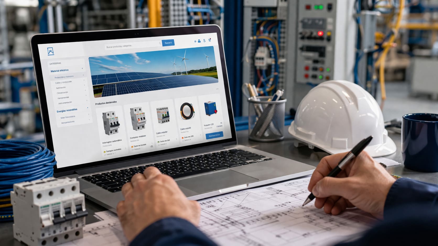 Profesional del sector de instalaciones técnicas y energía trabajando en una tienda online desde un entorno técnico, con elementos visuales relacionados con energía, tecnología y marketing digital