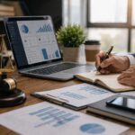 Profesional del sector jurídico trabajando en una estrategia digital con portátil, gráficos, documentación legal y elementos de despacho en un entorno de oficina.