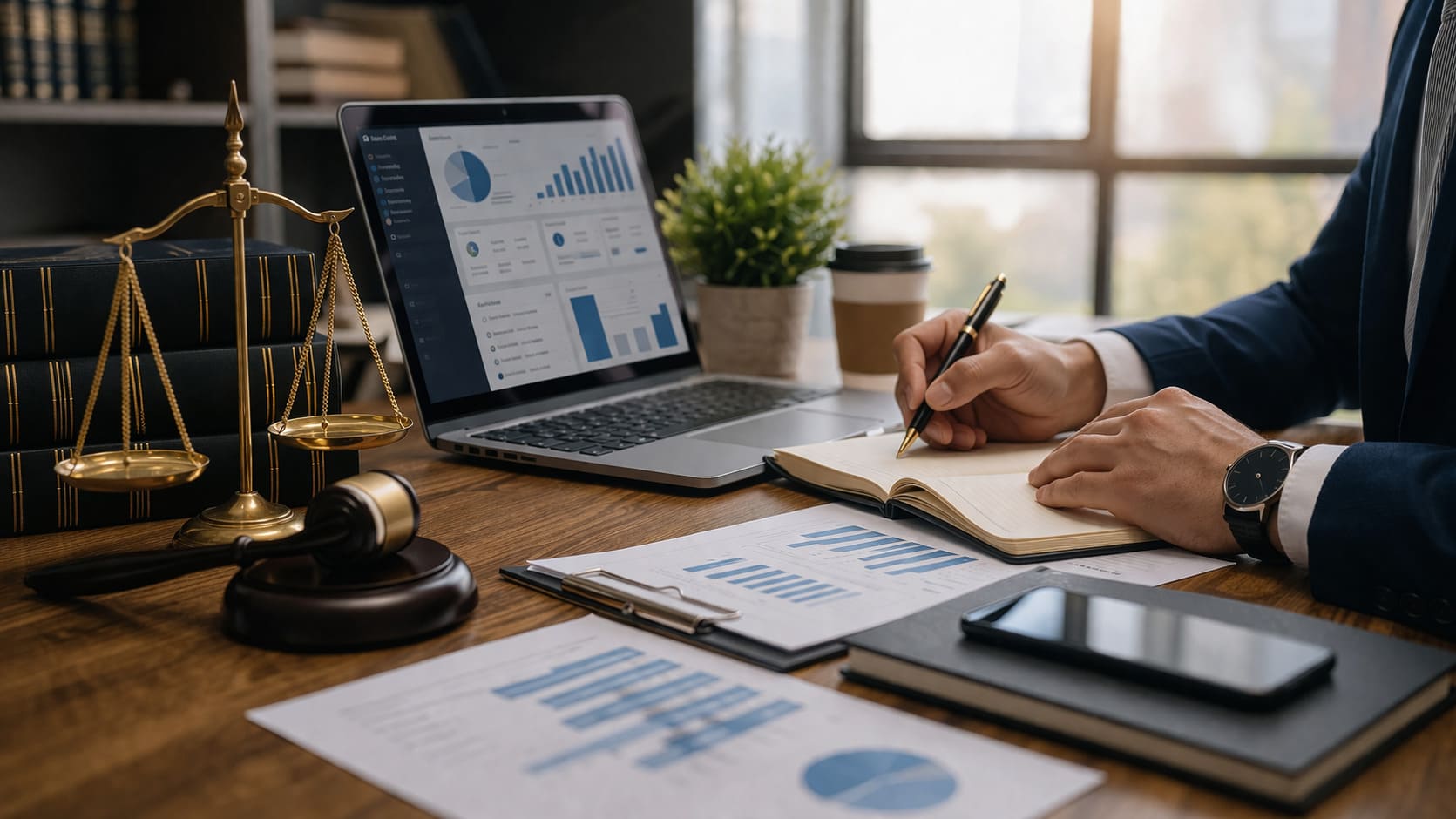 Profesional del sector jurídico trabajando en una estrategia digital con portátil, gráficos, documentación legal y elementos de despacho en un entorno de oficina.