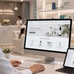 Profesional de medicina estética y salud privada gestionando una tienda online en un entorno clínico moderno con enfoque en marketing digital