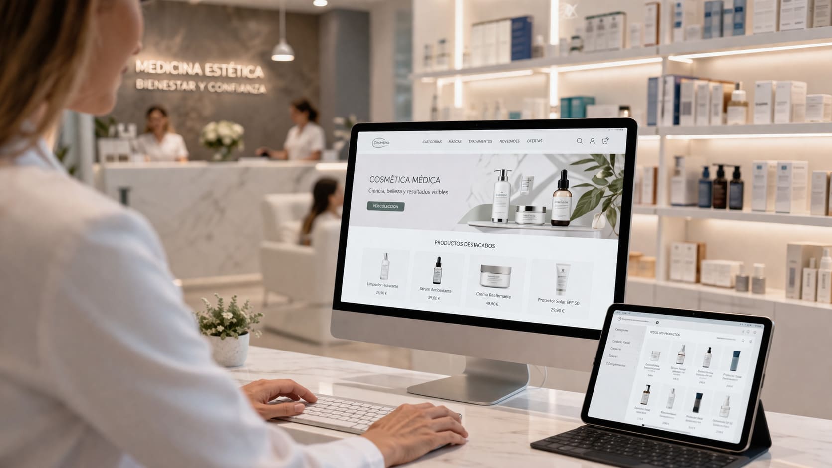 Profesional de medicina estética y salud privada gestionando una tienda online en un entorno clínico moderno con enfoque en marketing digital