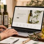 Profesional del sector oleícola trabajando la tienda online de una marca de aceite de oliva con productos sobre una mesa