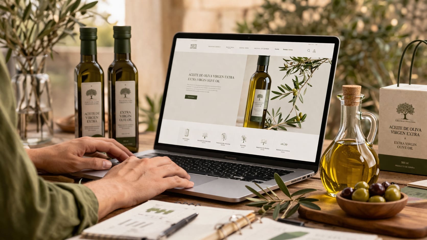 Profesional del sector oleícola trabajando la tienda online de una marca de aceite de oliva con productos sobre una mesa