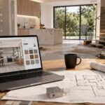 Espacio de reformas y construcción con planos, portátil y materiales de obra, representando una tienda online orientada al sector y al marketing digital