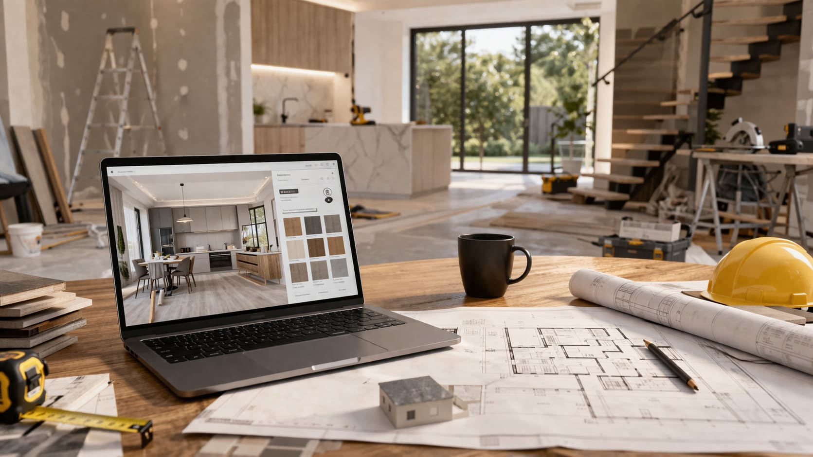 Espacio de reformas y construcción con planos, portátil y materiales de obra, representando una tienda online orientada al sector y al marketing digital