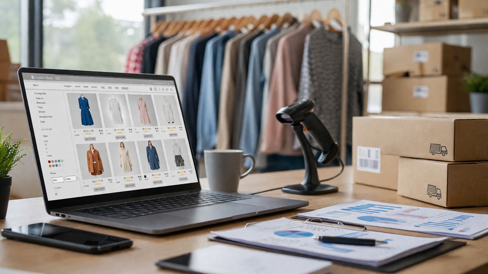 Profesional gestionando una tienda online del sector retail y ecommerce con métricas de marketing digital en pantalla