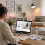 Profesional del sector salud mental y psicología trabajando la estrategia digital y la tienda online de una marca en un entorno moderno, humano y profesional.