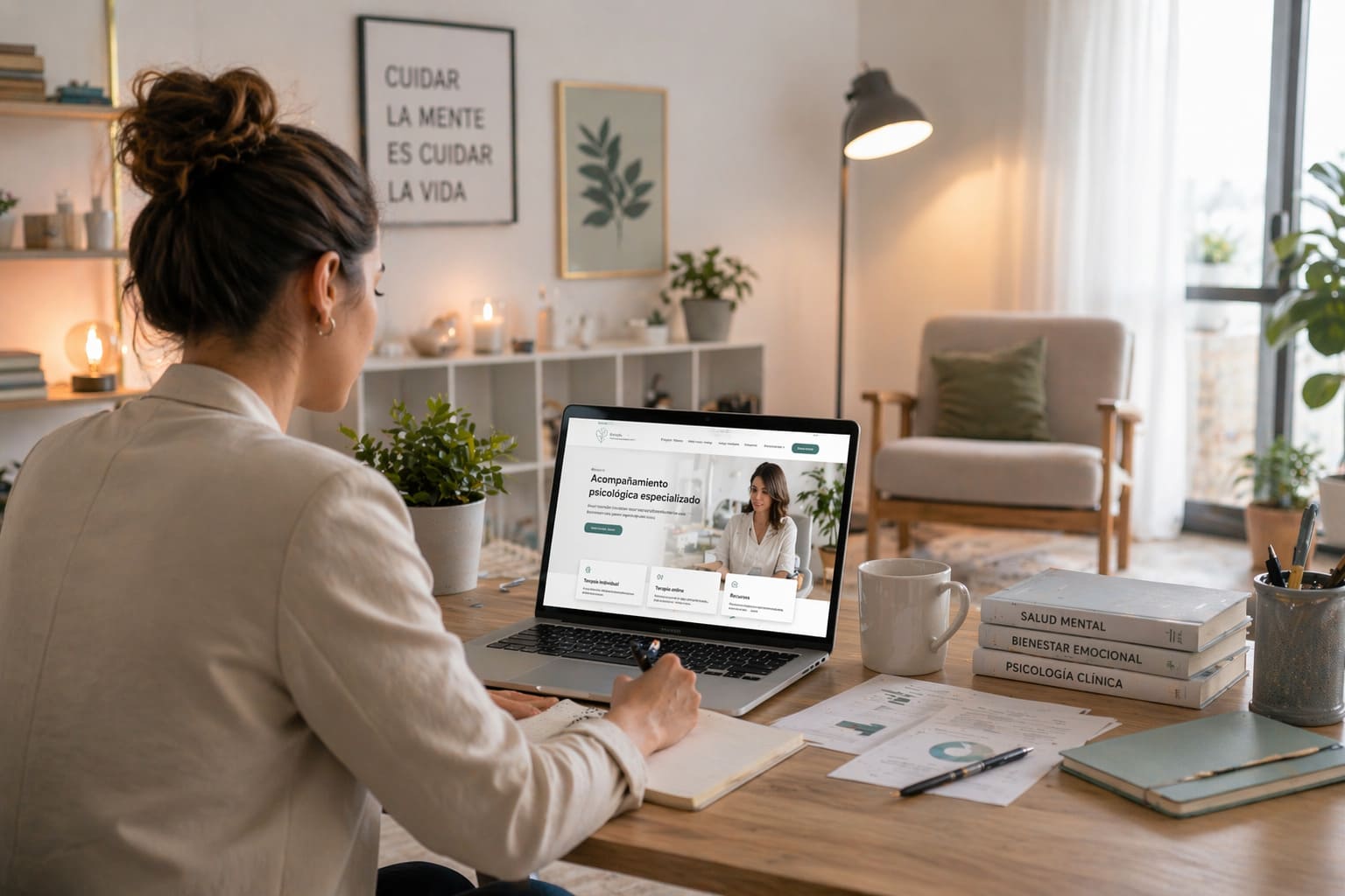 Profesional del sector salud mental y psicología trabajando la estrategia digital y la tienda online de una marca en un entorno moderno, humano y profesional.
