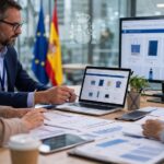 Profesionales del sector público y asociaciones trabajando la estrategia de una tienda online en un entorno institucional moderno con enfoque de marketing digital.