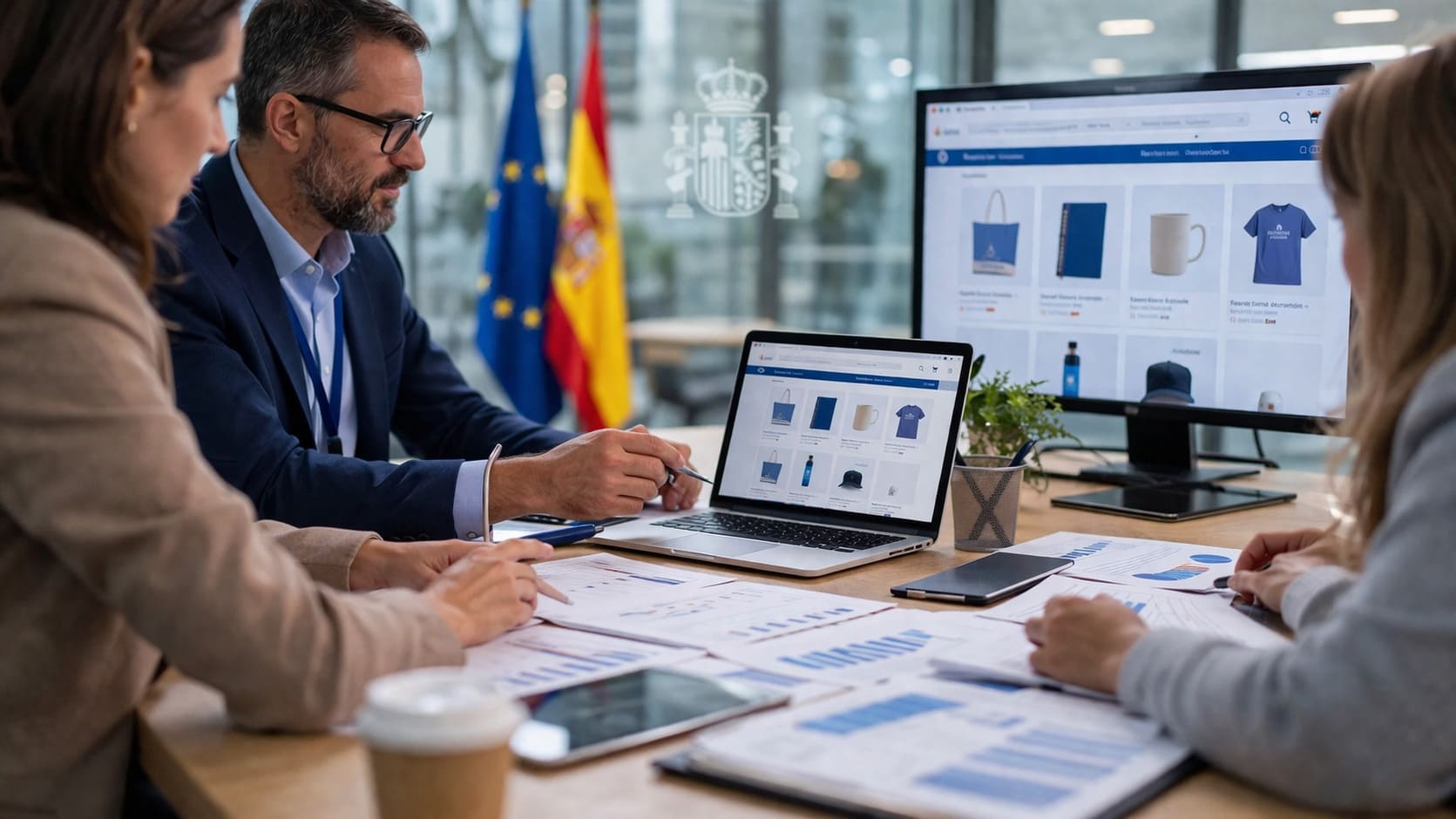 Profesionales del sector público y asociaciones trabajando la estrategia de una tienda online en un entorno institucional moderno con enfoque de marketing digital.
