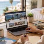 Profesional del sector turismo y alojamiento gestionando una tienda online desde un espacio con vistas al mar