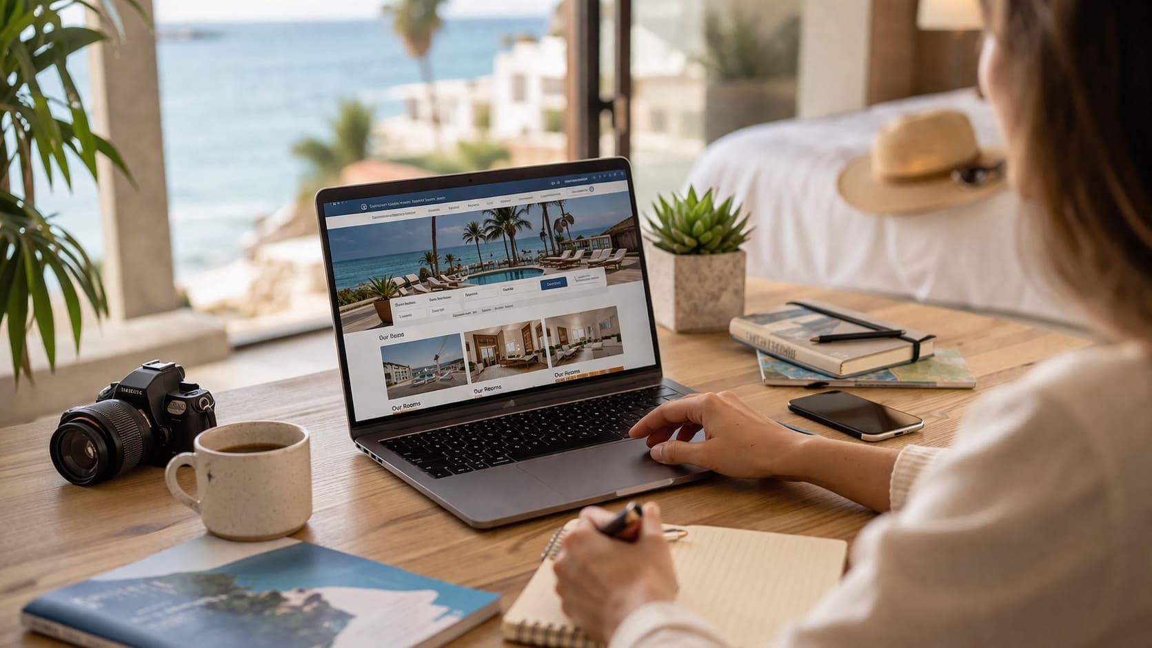 Profesional del sector turismo y alojamiento gestionando una tienda online desde un espacio con vistas al mar